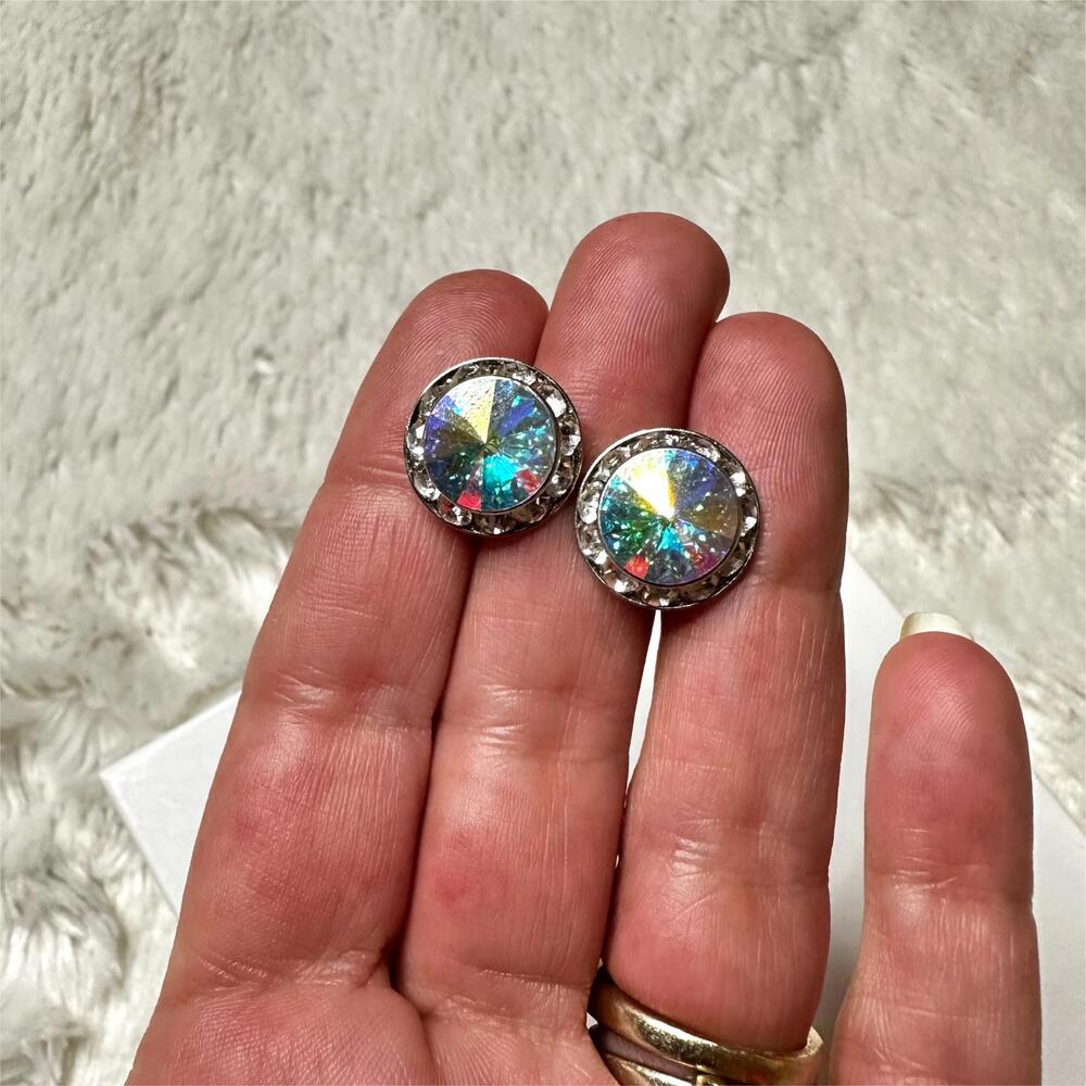 Stunning Halo Iridescent Rhinestone Stud Earrings .5”